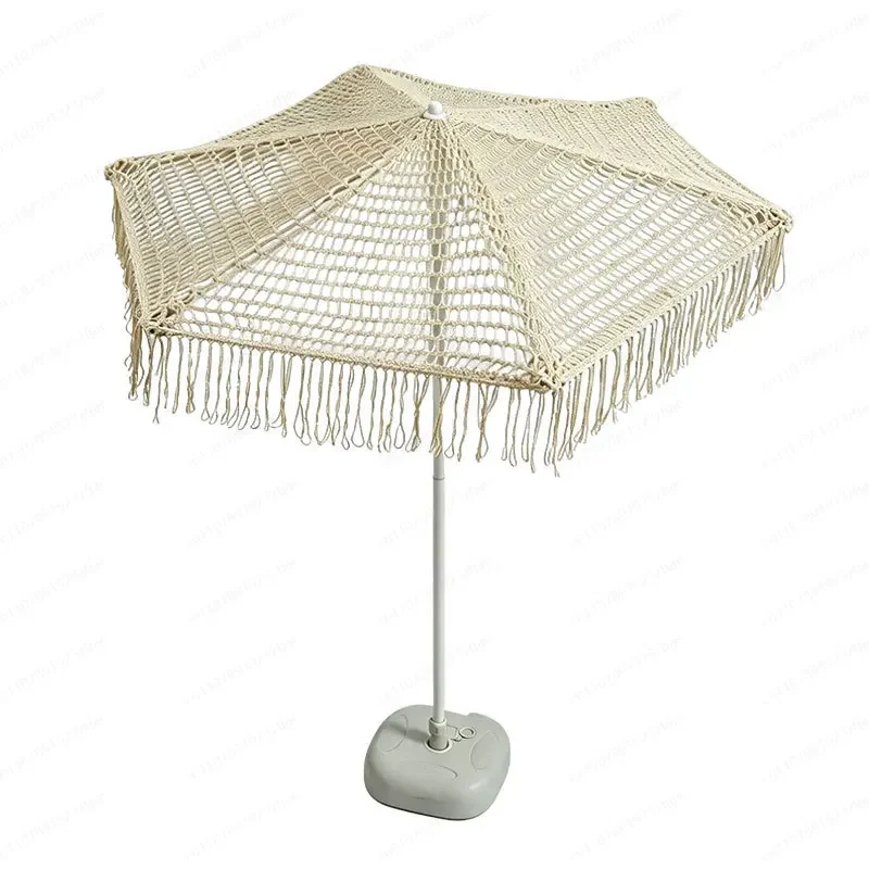 JMZ Beach Umbrella Large Outdoor Sunshade UV Protection Hand Woven Mesh Fringed Patio Garden Camping Shade for Family Couple
