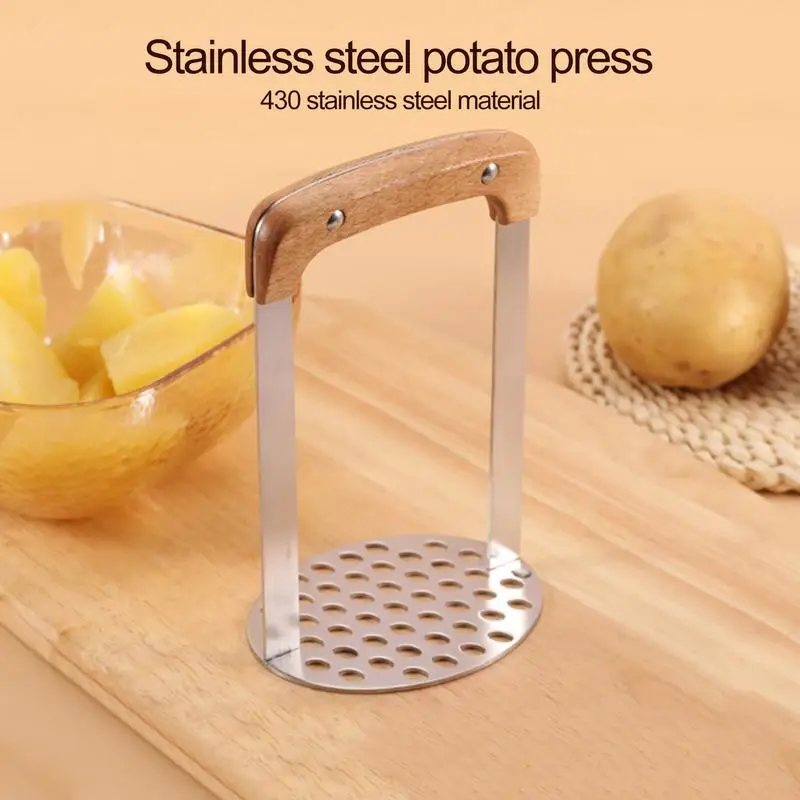 

Stainless Steel Hand Held Potato Masher Potato Press Kitchen Crusher Vegetable Masher With Wooden Handle