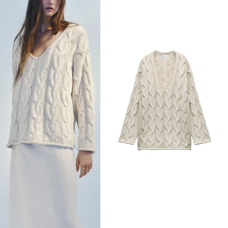 

Свободный пуловер с v-образным вырезом, женский весенний новый вязаный свитер Lazy Sle Long Sve Regular Length Color Commute Sle