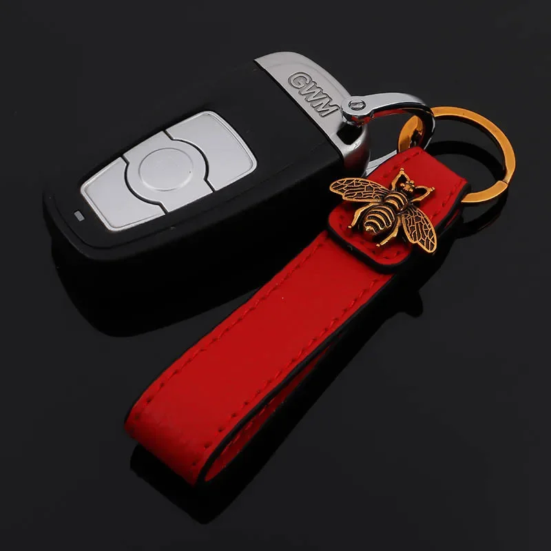 Luxury Leather Keychain Vintage Metal Bee Car Waist Key Chains Lovely Black Red Cowhide Keyholder Fashion Auto Keyring Wholesale