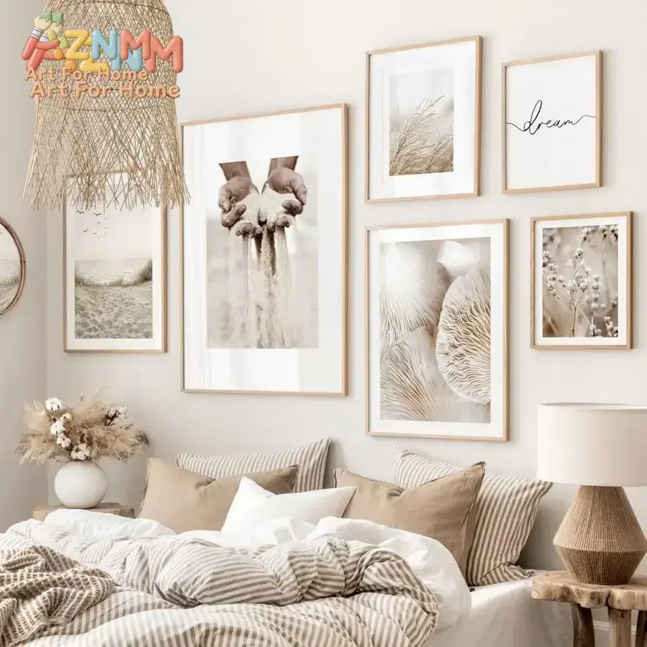AZNM Neutral Boho Beach Canvas Print, Pampas Grass Shell Sea View Dream Quote Unframed Canvas Painting, Bedroom Aesthetic Wall A