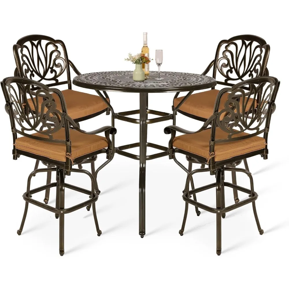 

5-Piece Patio Swivel Bar Stools Set, All Weather Cast Aluminum Outdoor Bar Height Bistro Set with 4 Cushioned