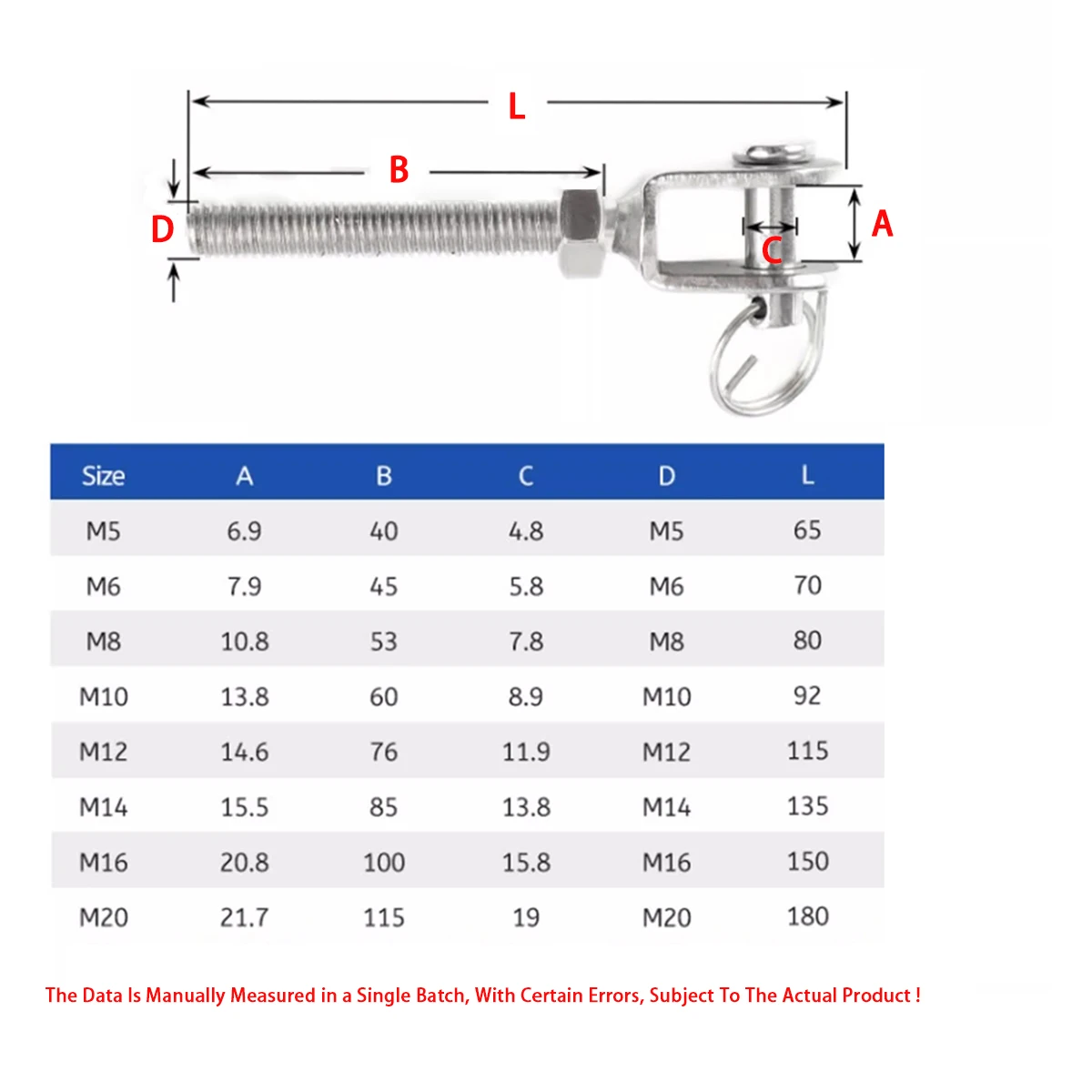 304 Stainless Steel Closed Turnbuckle Fork Bolt Left Right Thread Positive Reverse Thread Adjustment Fastener M5/M6/M8/M10-M20
