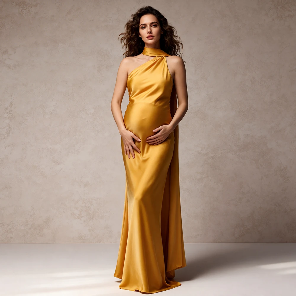 

Elegant Pregnant Dress Golden Satin Halter One-Shoulder Maternity Mermaid Dress for Pregnancy Photography Clothes YW2603102D