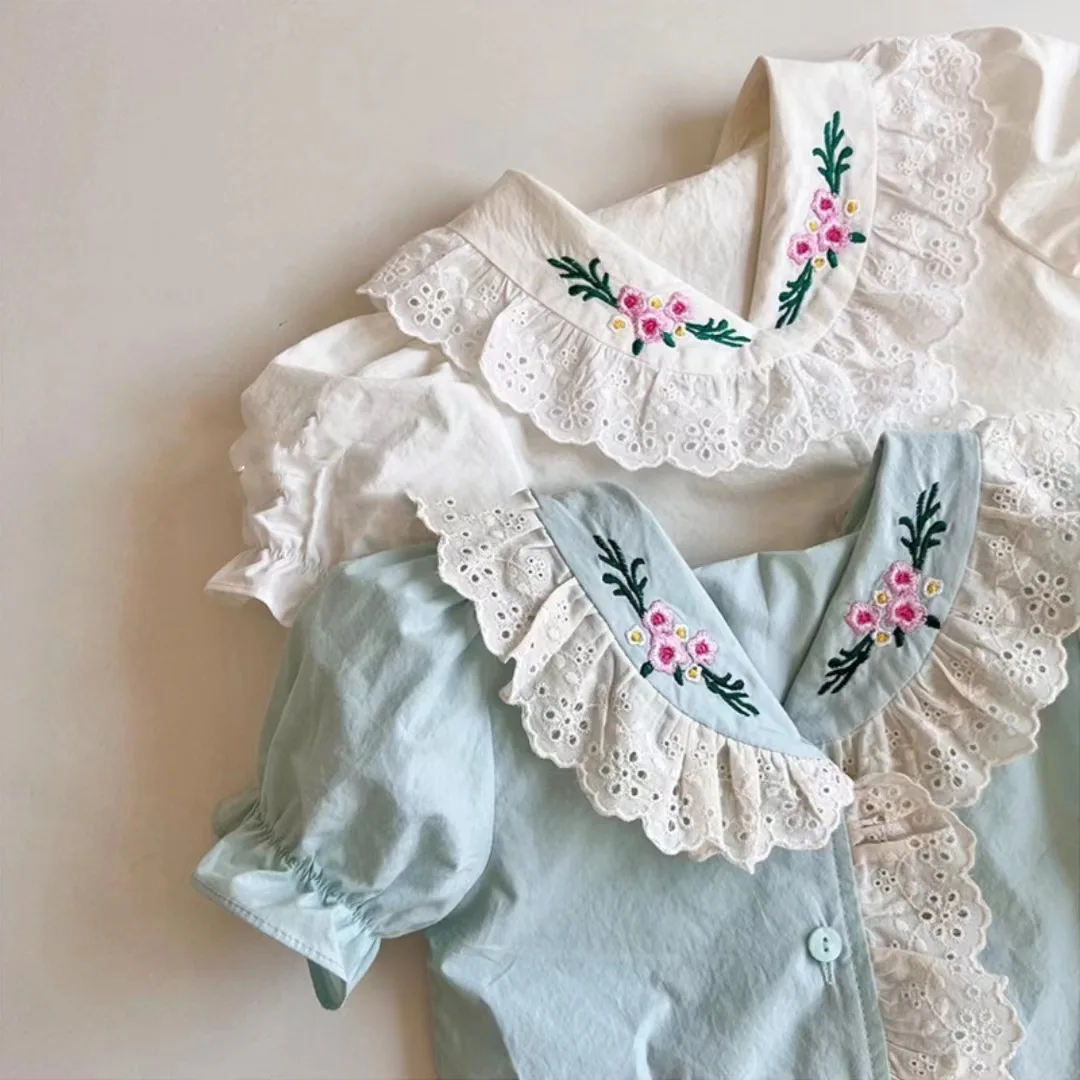 Summer Baby Girls' Short Sleeve Shirt Embroidered Lace Doll Shirt For Children Korean Girls' Cute Pure Cotton Bubble Sleeve Top