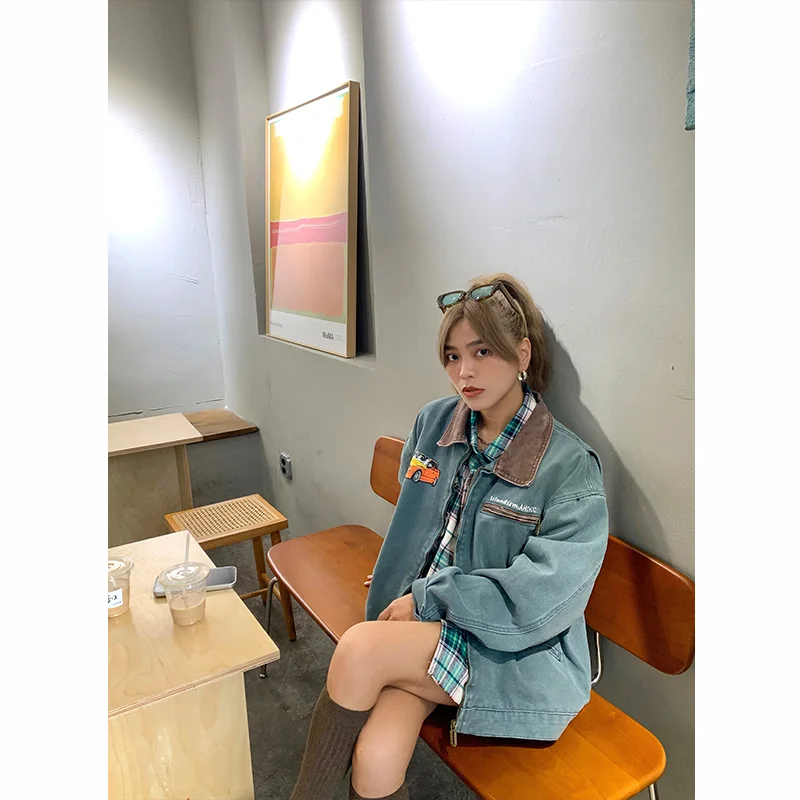 

NIDEBLA Women's Vintage American Street Sle Open Cardigan Jaet New Arrival Loose Fit Long Sve Zipper Closure Top