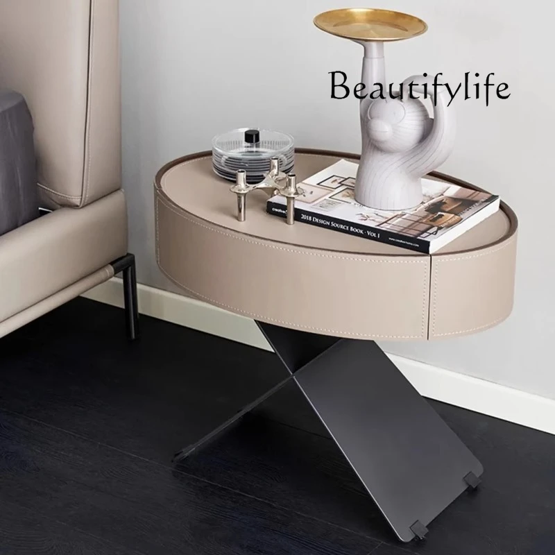 

Italian light luxury bedside table solid wood living room round edge few saddle leather small tea table storage cabinet