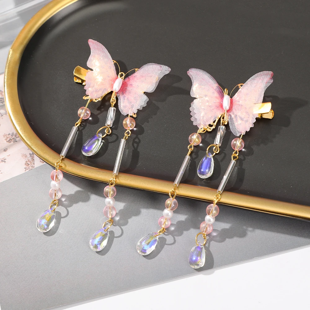 AWAYTR Chinese Style Flower Pearl Tasell Hairpin Butterfly Bow Hair Clip Chain Pendant Hairgrip for Kid Girls Hanfu Accessories