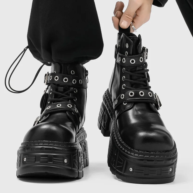 mens fashion punk rock platform boots black designer shoes cowboy natural leather boot spring autumn handsome ankle botas hombre - view 2