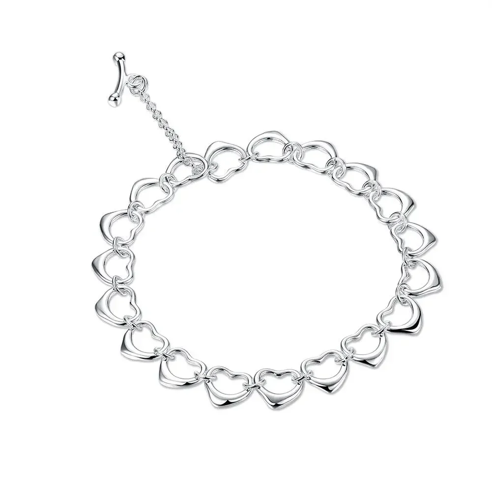 

CHUANGCHEBG Romantic Hollow Love Heart 925 Sterling Silver Heart Shape Link Bracelet Chain