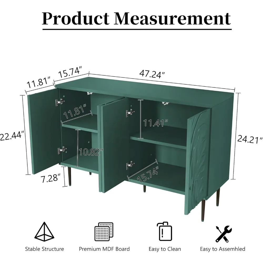 Armário buffet aparador com padrão de flor 3D, armário de destaque com 4 portas e prateleiras ajustáveis, aparador decorativo de madeira