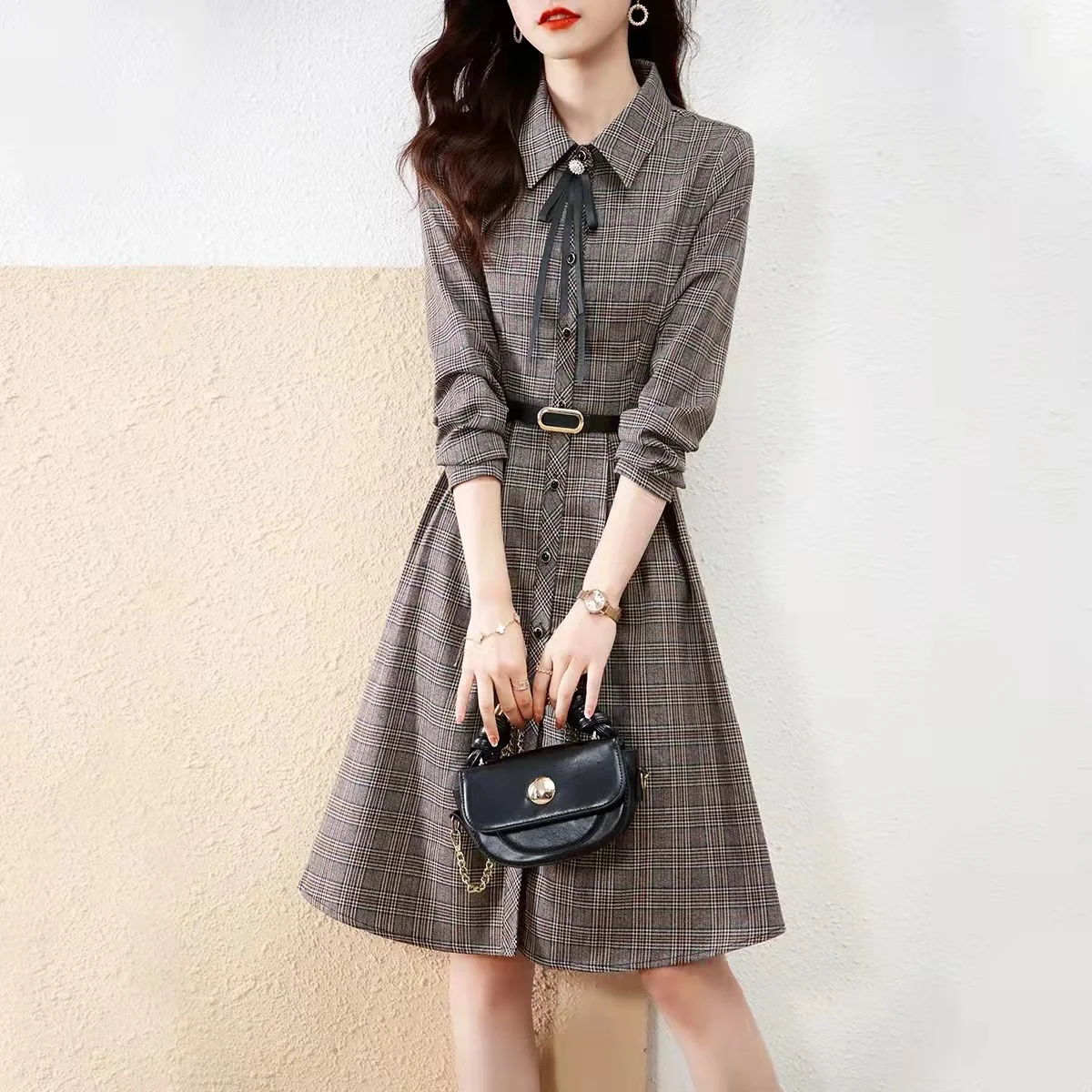 Spring Autumn New Fashion Gingham Women Temperament Polo Single Breasted Long Sleeve Slim Midi Dress Exquisite Office Lady Dress