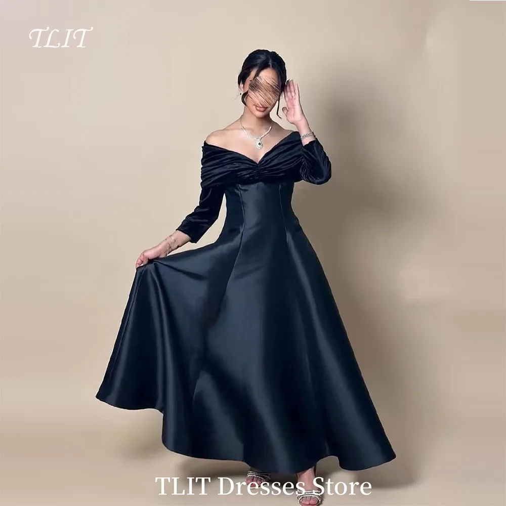 

TLIT Sparkle Black Pleat A-line Evening dresses Satin Off the Shoulder Sweetheart Prom Gowns Backless Customized Formal Party