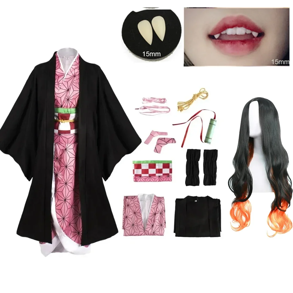 Anime Kimetsu Geen Yaiba Kamado Nezuko Cosplay Kostuum Kimono Demon Slayer Cosplay Pruiken Haren Halloween Carnaval Vrouwen Outfit