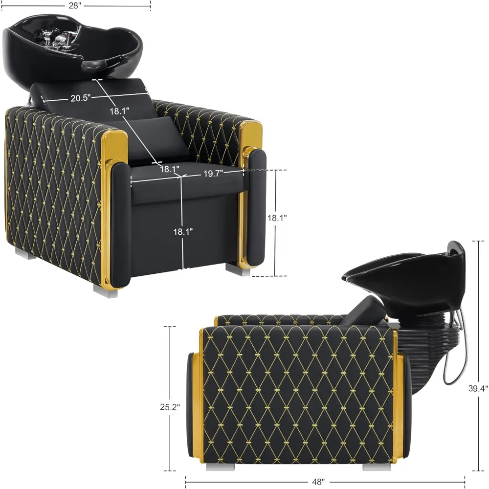 Shampoo Station Barber Chair, Backwash Shampoo Porcelain Ceramic Bowl Sink Unit Chair, Gold&Black Shampoo Chair W/Vacuum Breaker