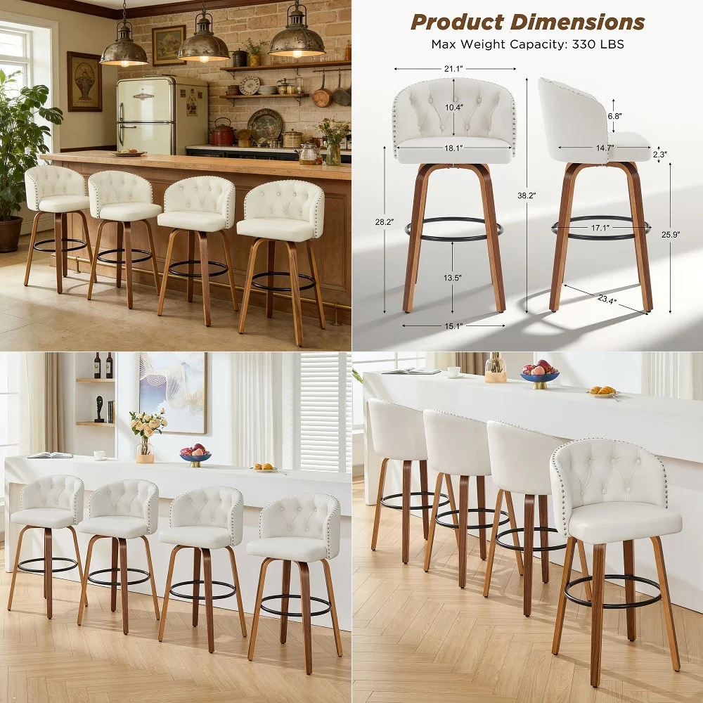 

Bar Height Stools Set of 4, Swivel Upholstered Bar Chairs with Padded Back and Faux Leather Seat, MidCentury Modern Tall Barsto