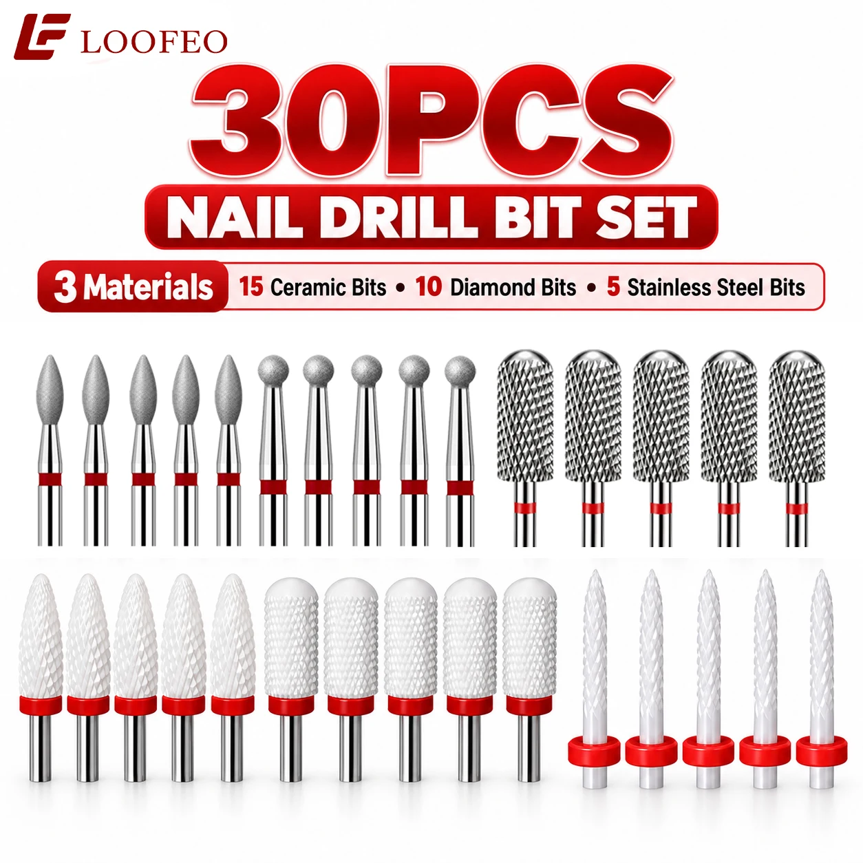 30 Pcs Electric Manicure Tool Kit 2.35 mm Shank White Ceramic Diamond Stainless Steel Bits For Acrylic Gel Removal Cuticle Care