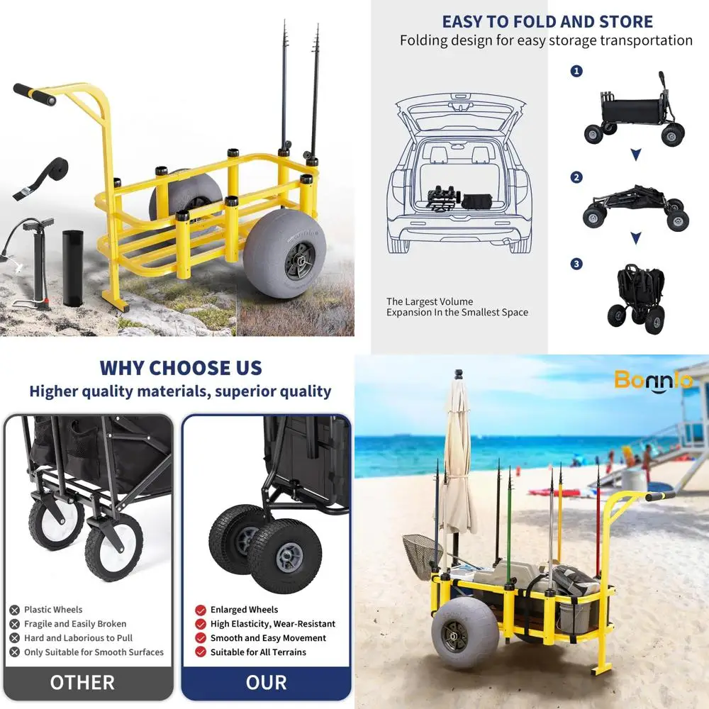 

Beach Wagon with 13 Large Wheels for Sand, 300 lbs Capacity, Fishing Rod Holders, Mesh Bag - Ideal for Beach and Fishing Trips
