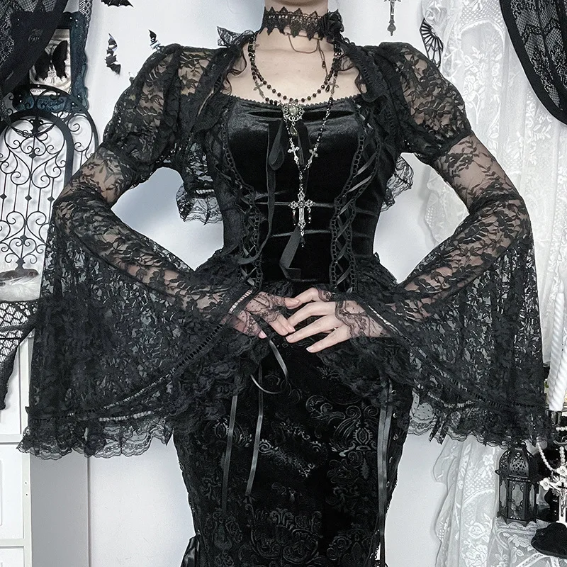 

2025 New Vintage Dark Lace Hollow Out See Through Crop Shrug Tops Women Gothic Y2K Grunge Flare Sleeve Sunscreen Smock Cardigans
