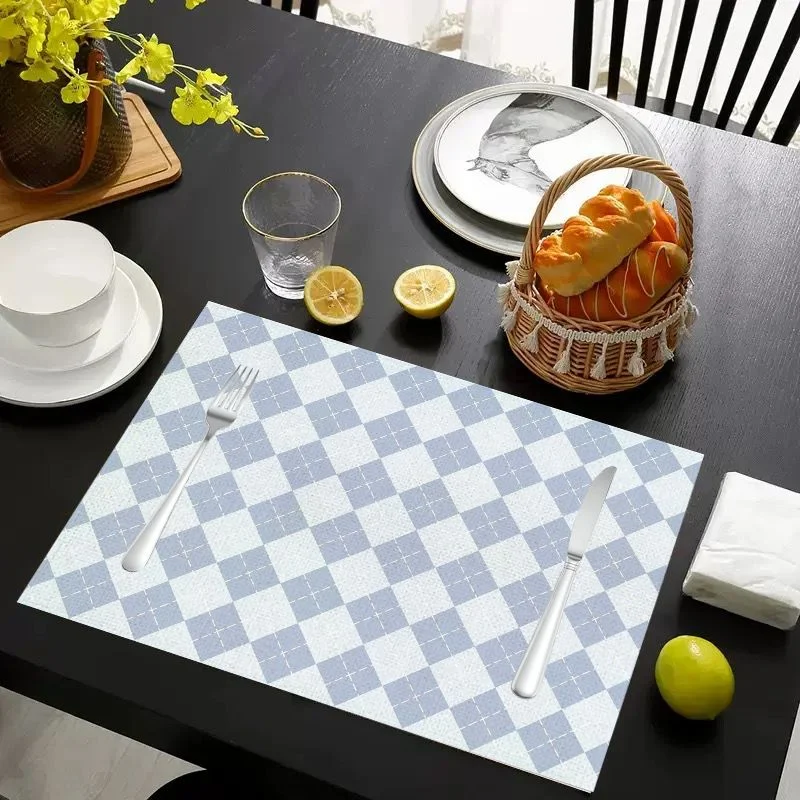 VIKAMA Light Blue White Argyle Placemats Mini Diamond Check Table Mat Minimalist Washable Waterproof Dining Kitchen Mat