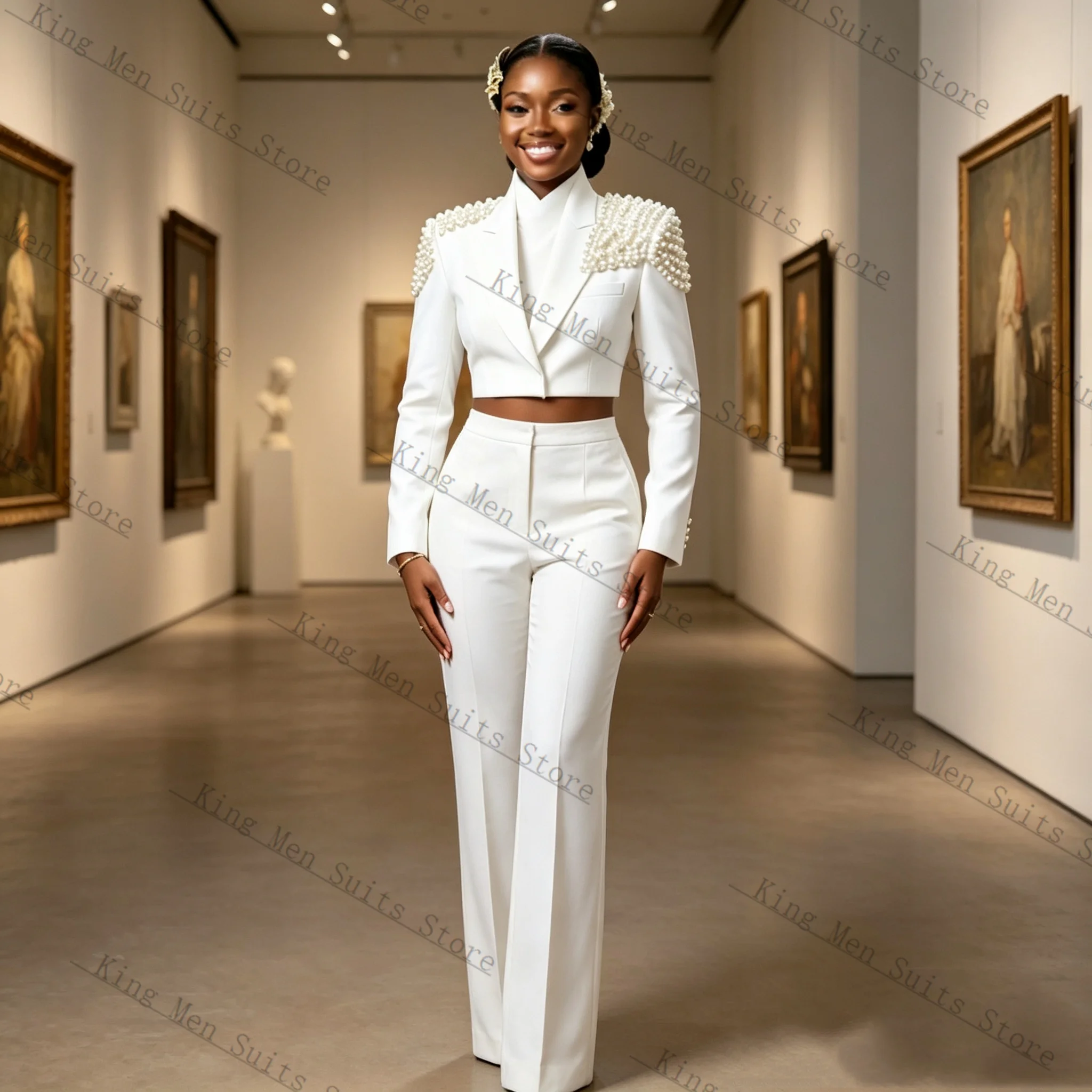 

Pearls Formal Women Suits Set 2 Piece Short Blazer+Pants Trousers Cotton Customized Office Lady Jacket Wedding Prom Coat