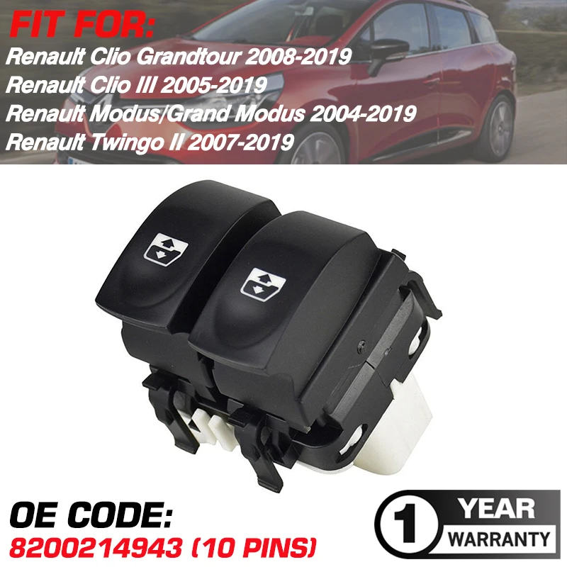 Master Power Window Switch Control Button 8200214943 10 Pins For Renault Clio Grandtour Modus/Grand Modus Twingo 2004-2019