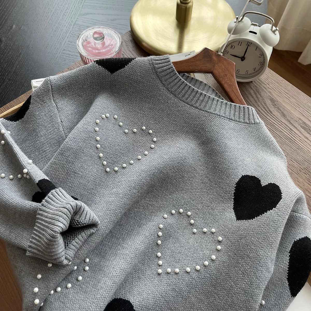 Korean  Round Neck Pearl Women Love Loose Heart  Pullover Bottoming Long sleeveTop 2023 Autumn Winter New Women's Clothing