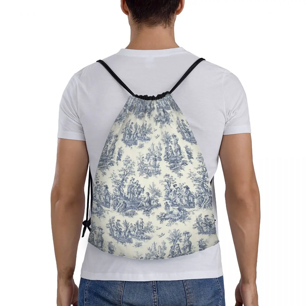 

Powder Blue French Toile Picnic Design Backpacks Multi-function Drawstring Bags Sundries Bag Book Bags For Travel Students