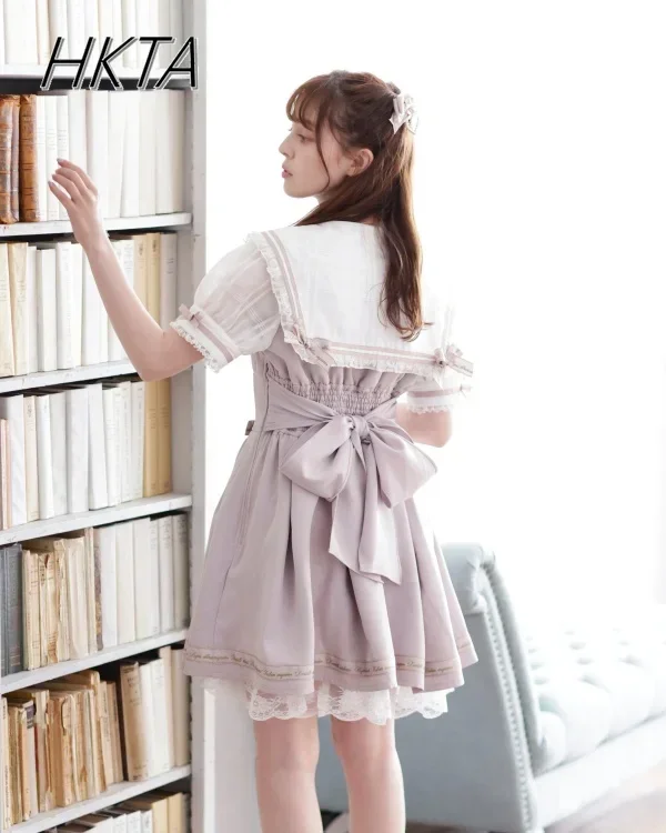 

Japanese Sailor Collar Short Sleeve Dresses Lapel Strap Mine Series Mass- Produced Lolita Dress Sweet Cute Women Short Liz Dress