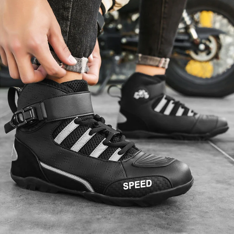 Motorcycle Boots Men Night Reflective Moto Biker Ankle Boots Non-Slip Spring Summer Microfiber+Rubber Motorcyclist Shoes Riding