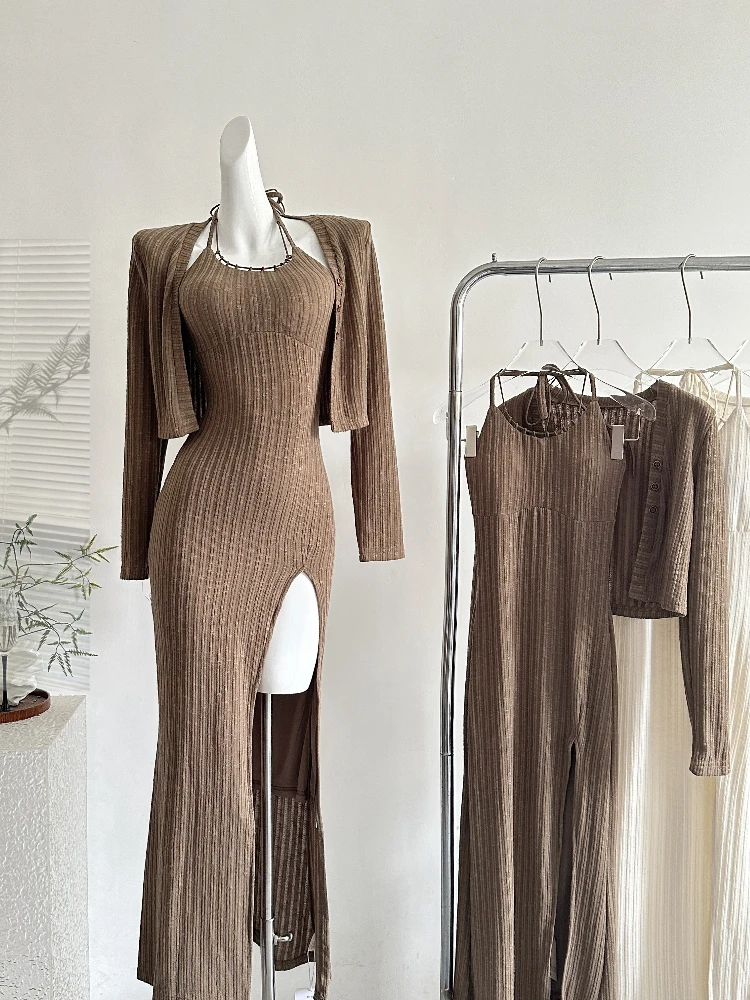 

Элегантный французский вязаный комплект Pure Desire из 2 предметов, женское платье с подвесным воротником + подходит для шикарного кардигана, новая мода, винтажная вязаная облегающая одежда