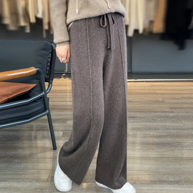 Calça de caxemira de perna larga feminina, solta e casual, cintura alta, reta, elástica, de malha, outono, inverno, nova