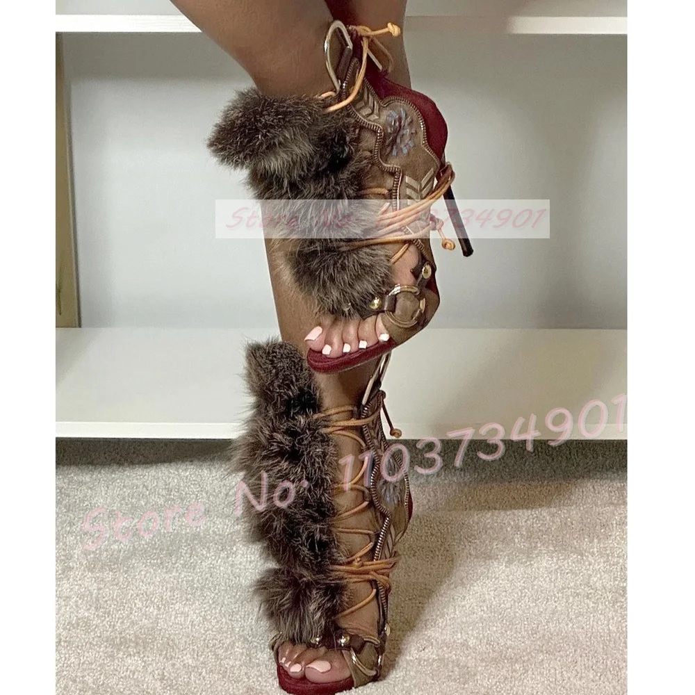 Open-toe Strappy Fur Sandals Women Vintage Color-block Suede Print High Heels Shoes Ladies Fashion Catwalk Party Novelty Sandals