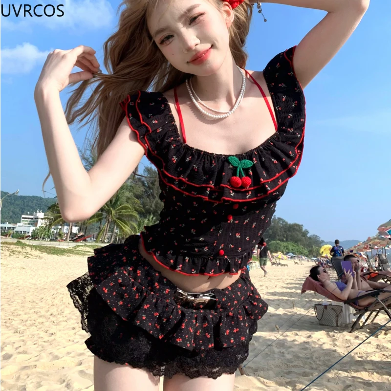 Kawaii Lolita Style Sweet 2 Piece Set Women Cute Cherry Print Crop Top Lace Ruffles Patchwork Shorts Female Korean Fashion Suit