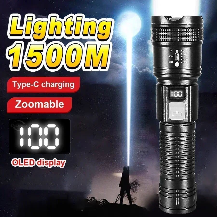 Powerful LED Flashlight with Battery Display USB Rechargeable Light Telescopic Zoom Torch Lamp Outdoor Camping Fishing Lantern