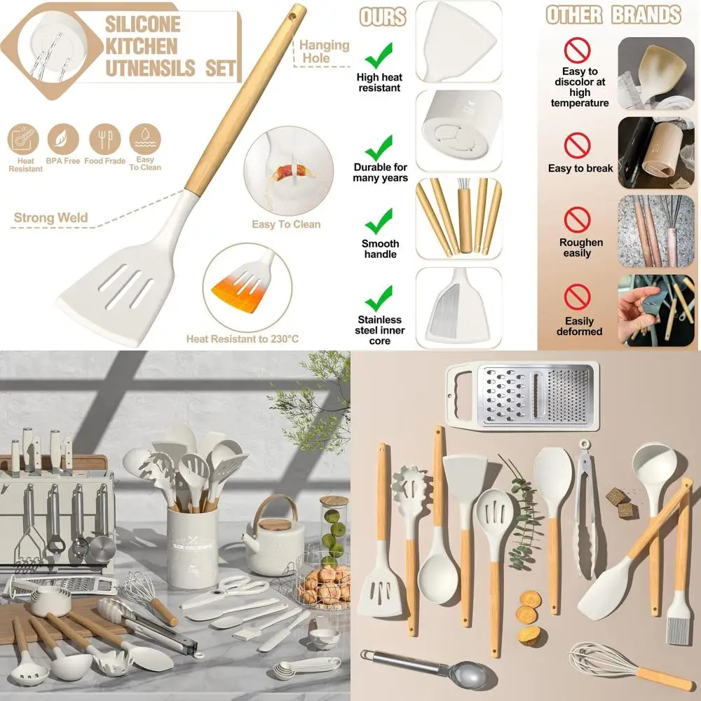 

34-Piece Silicone Kitchen Utensil Set with Heat-Resistant Tools, Grater, Cream White Wood Handles for Nonstick Cookware