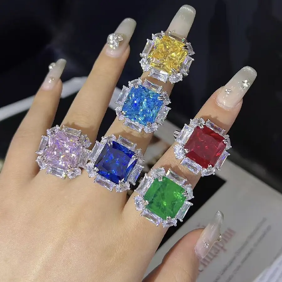 

ARIGAYA 925 Sterling Silver Radiant Cut 4 CT Citrine High Carbon Diamonds Gems Ring for Women Emerald Green Ruby Sapphire Rings
