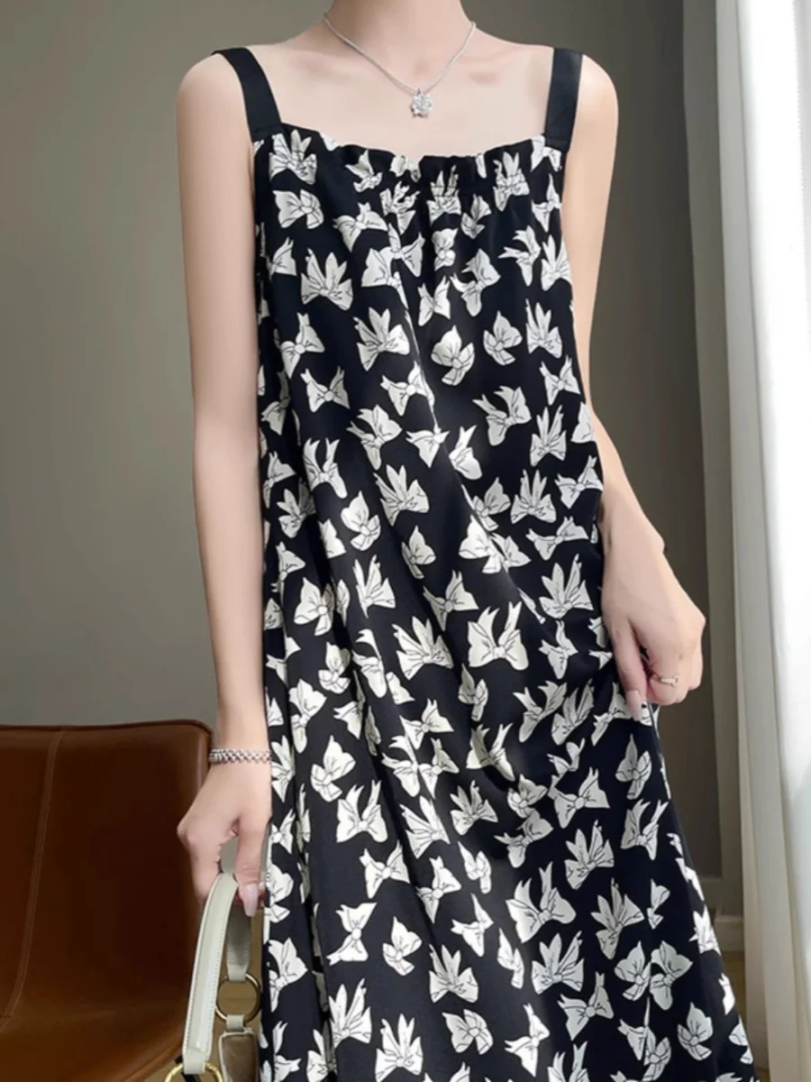Loose Korean Sle Satin Snowflake Print Acetate Strap Dr Long A-Line Gown Casual Summer Travel Beach Vest Dr
