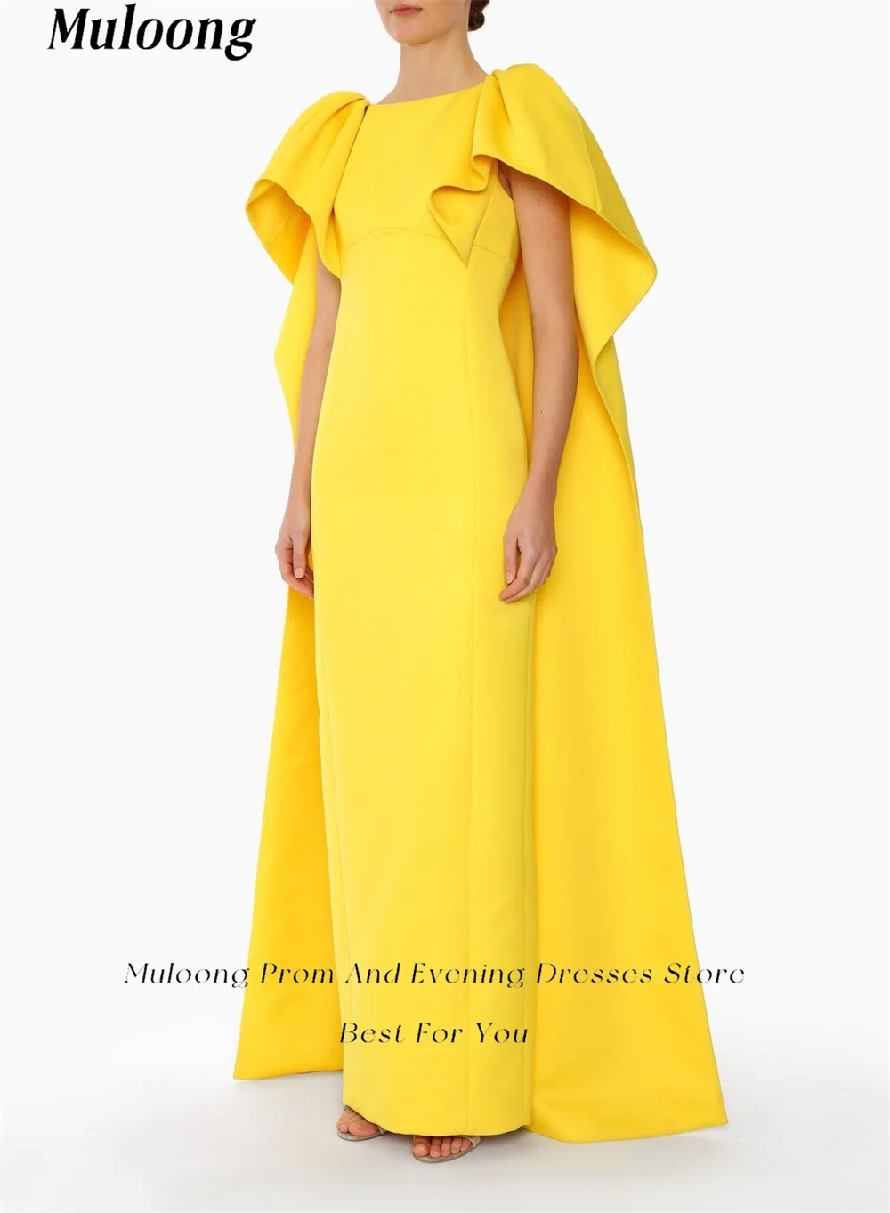 Muloong Yellow Straight Neck Mermaid Midi Dress Form-fitting Bodice Oversized Floor Length Cape Luxury Special Events Dress