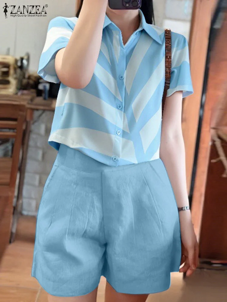 

ZANZEA 2PCS Summer Short Sets 2025 Women Fashion Short Sleeve Blouse Shorts Printed Tracksuit Matching Set Casual Holiday Outfit
