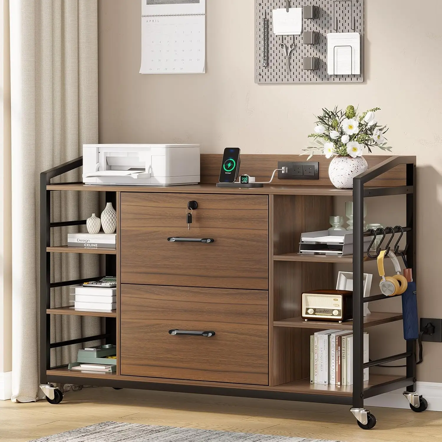 

Комод для документов 44 дюйма с 2 ящиками, 6 полками, для формата Legal/Letter, для дома и офиса, цвет орех, на заказ