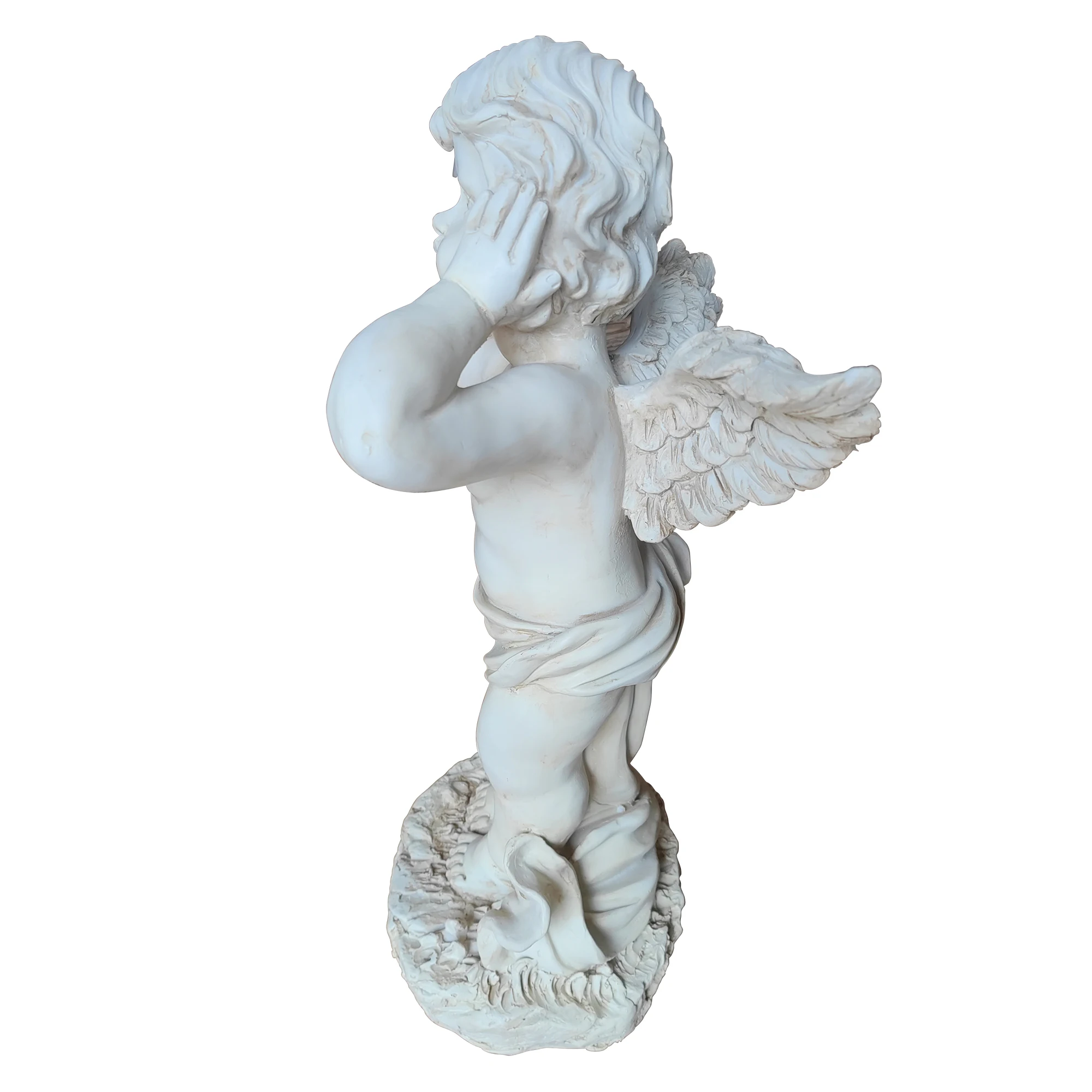 Winged Angel Garden Statue Covering Ears, Weatherproof Resin Outdoor Sculpture, Emotional Angel Figurine for Lawn, Patio & Yard Decor
