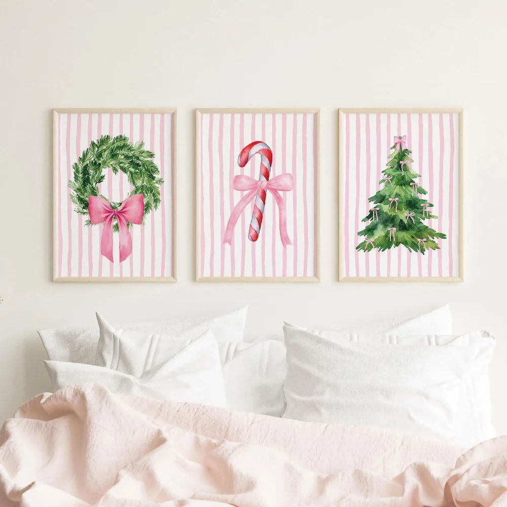 Frameless Christmas Art,Digital Art Download,Fashionable Pink Christmas Print,Girly Holiday Wall,Cute Ribbon Bow Christmas Decor