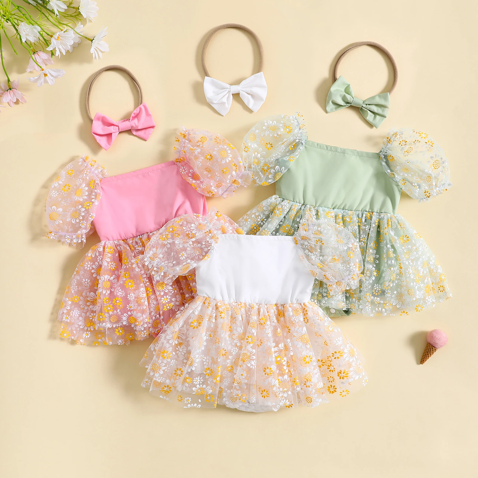 

2023-06-01 Lioraitiin 0-24M Infant Girl Bodysuit Dress Daisy Print Short Puff Sleeve Mesh Skirt Hem Jumpsuits with Headband