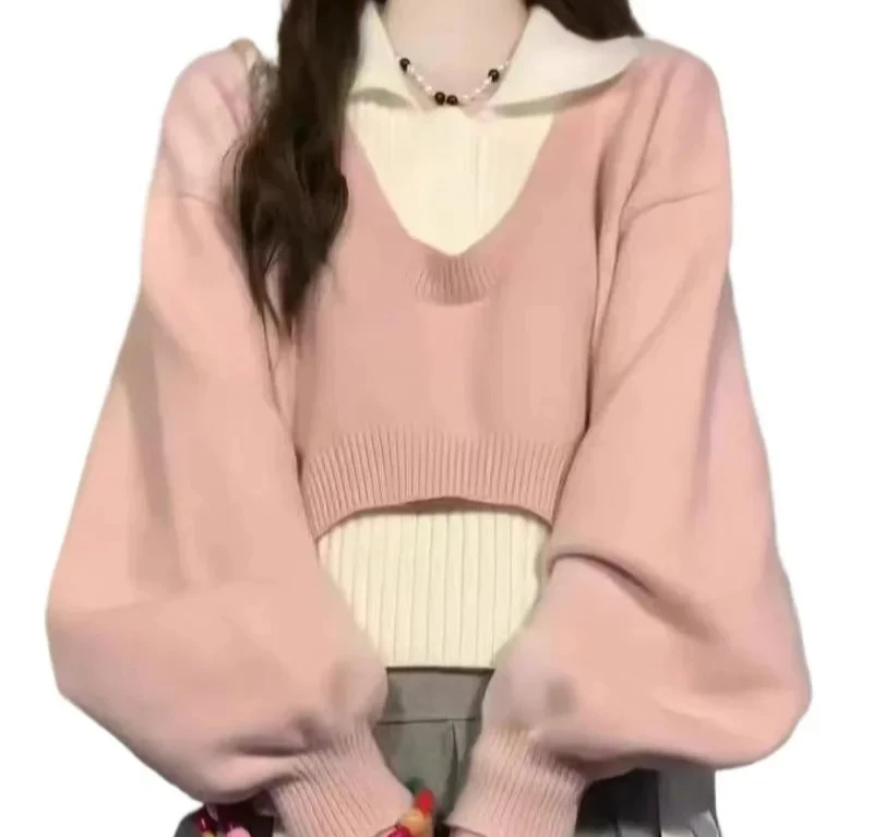 Conjunto de suéter de pescoço para mulheres primavera outono novo estilo redução de idade malha top cor bloco design estilo universitário