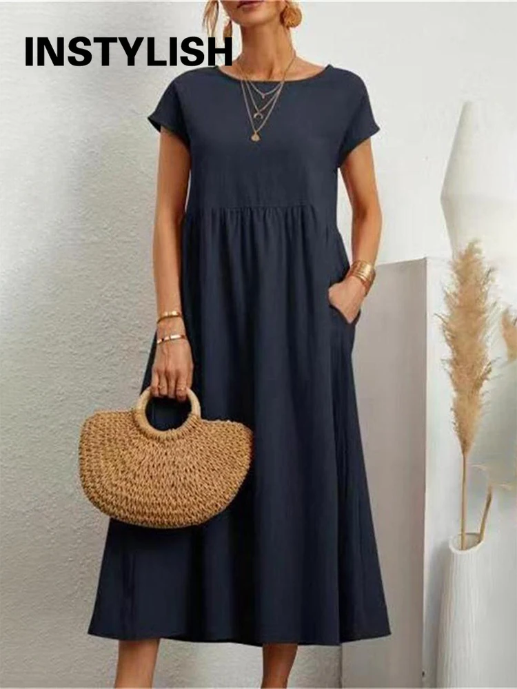 Vintage Solid Midi Dress Casual Short Sleeve Cotton and Linen Harajuku Oversized Long Dress Women Summer Y2K Maxi Sundress 2023