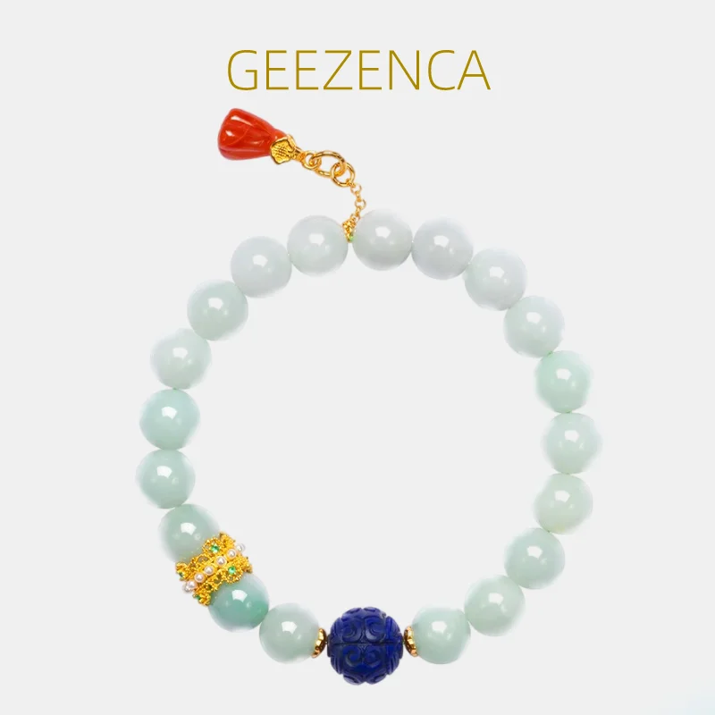 

GEEZENCA Natural Jadeite Agate Lapis Lazuli Beaded Strand Bracelet For Women 925 Silver Elastic Rope Bracelets 2023 New Gift