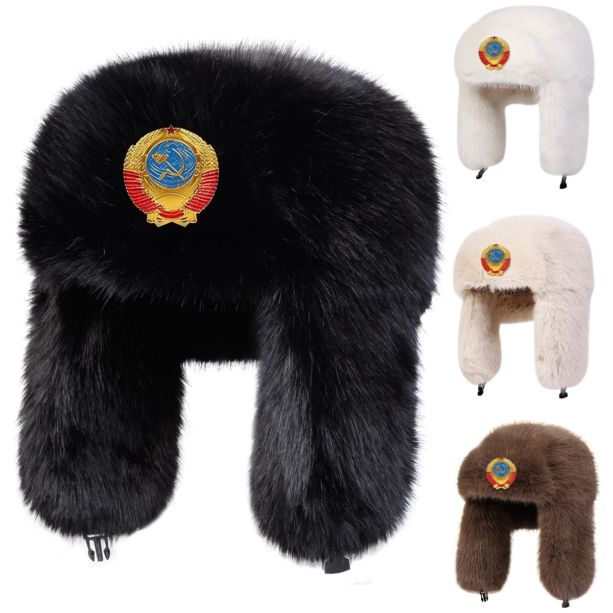 Unisex Sickle Hammer Badge Plush Lei Feng Hat Winter Earflap Hat Keep Warm Ski Hat Bomber Hat for Outdoor Riding Snow Activities