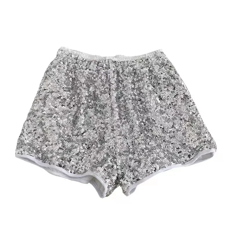 Damen-Shorts, modisch, elastisch, hohe Taille, locker, schlankmachend, weite Beine, glitzernde Pailletten-Hotpants, Damen-Shorts mit Stiefeln