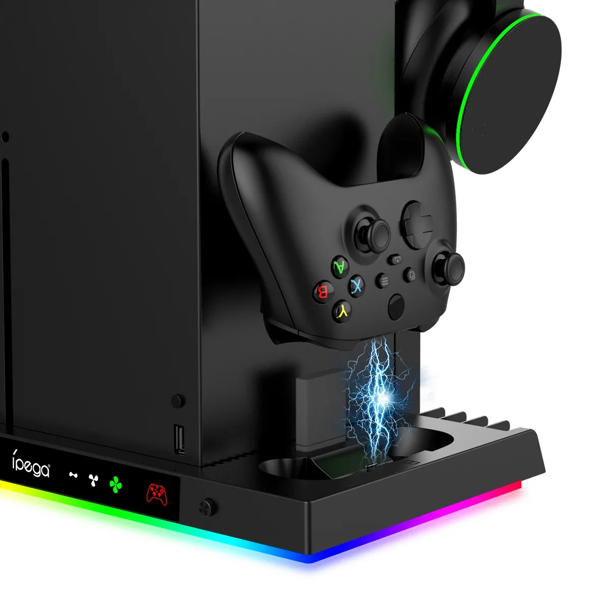 حامل مروحة التبريد ومحطة شحن لوحدة التحكم ووحدة التحكم Xbox Series X مع ضوء ملون 15RGB مع ملحقات خطاف سماعة الرأس